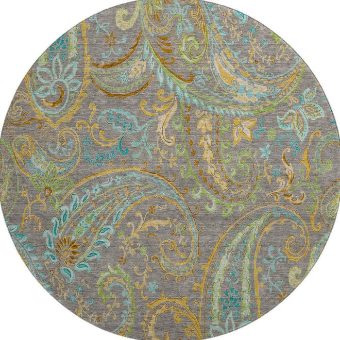 8' Paisley Washable Round Rug With UV Protection (648001) - Taupe / Green / Blue