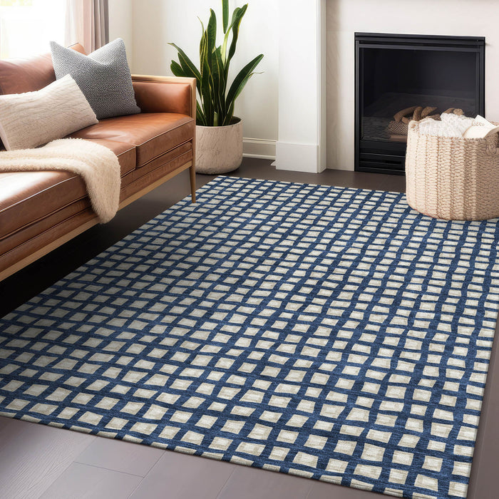 10' X 14' Transitional Geometric Washable Area Rug With UV Protection - Blue And Ivory