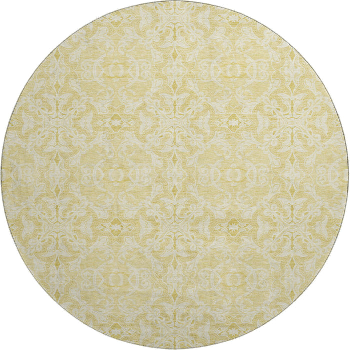 8' Medallion Washable Round Rug Polyester With UV Protection - Gold And Ivory