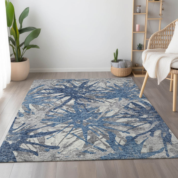10' X 14' Abstract Washable Area Rug Polyester With UV Protection - Blue / Gray