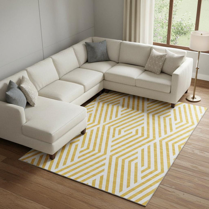 10' X 14' Geometric Washable Area Rug With UV Protection (648610) - Yellow / Ivory