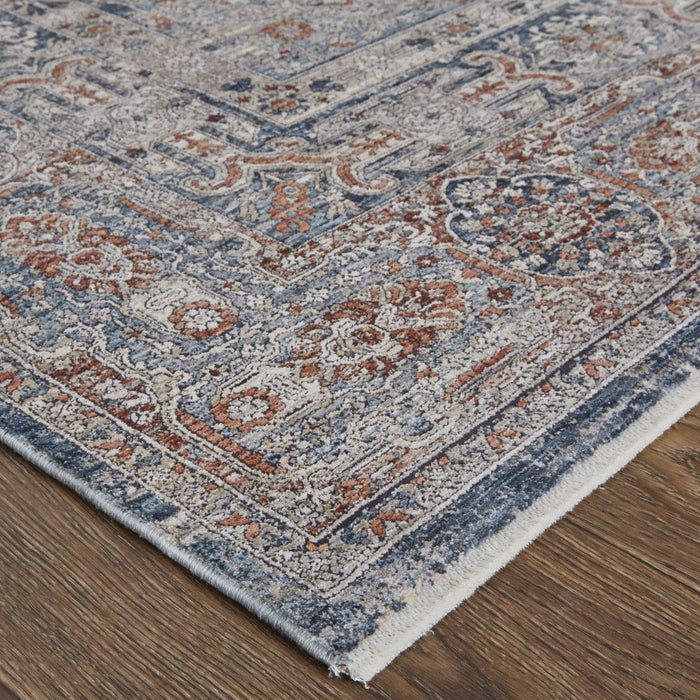 12' Oriental Power Loom Worn Faded Runner Rug With Fringe - Gray Ivory And Orange