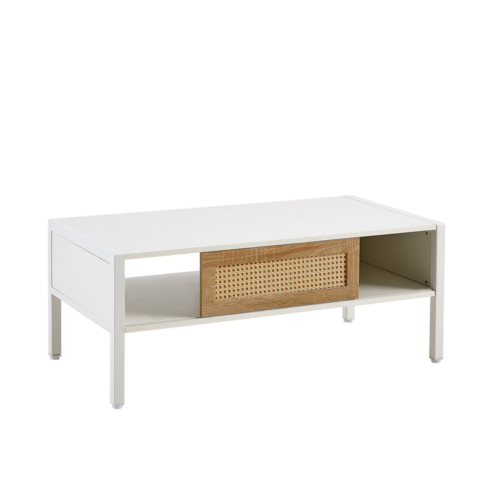 Giga 40.16-inch rattan coffee table with sliding door storage and metal legs, modern living room furniture.