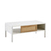 Giga 40.16-inch rattan coffee table with sliding door storage and metal legs, modern living room furniture.