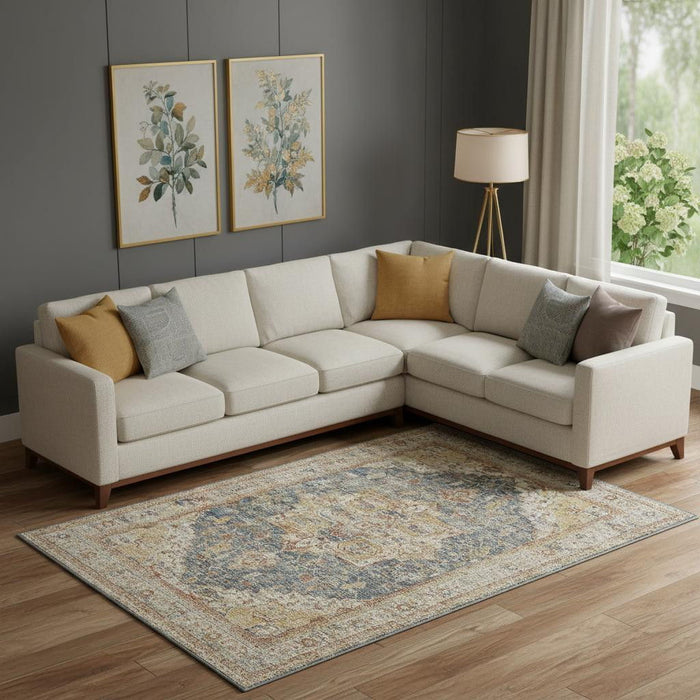 9' X 13' Oriental Distressed Area Rug (553090) - Ivory / Blue