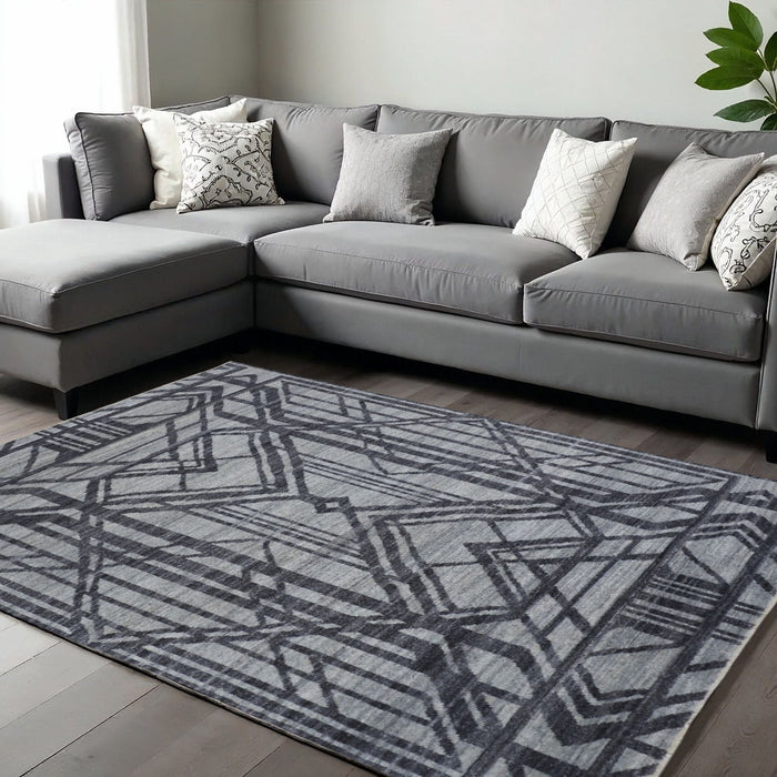 8' X 10' Wool Geometric Hand Knotted Area Rug - Gray And Blue