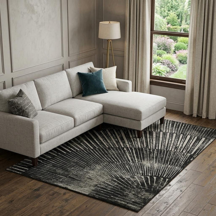 10' X 14' Geometric Washable Area Rug With UV Protection (648322) - Black / Ivory