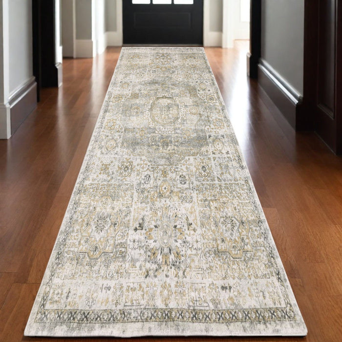 10' Medallion Hand Tufted Runner Rug - Gray And Gold