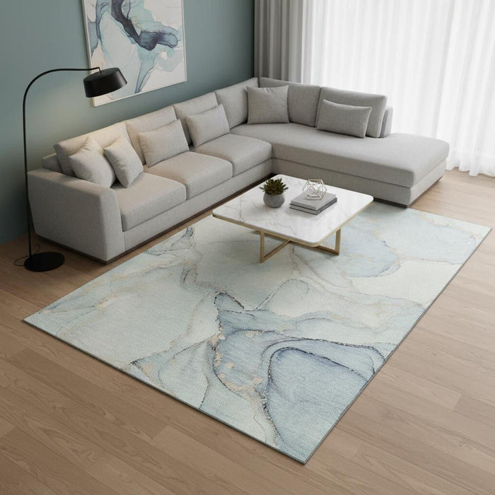 10' X 14' Abstract Washable Area Rug With UV Protection (647404) - Sky Blue / Ivory