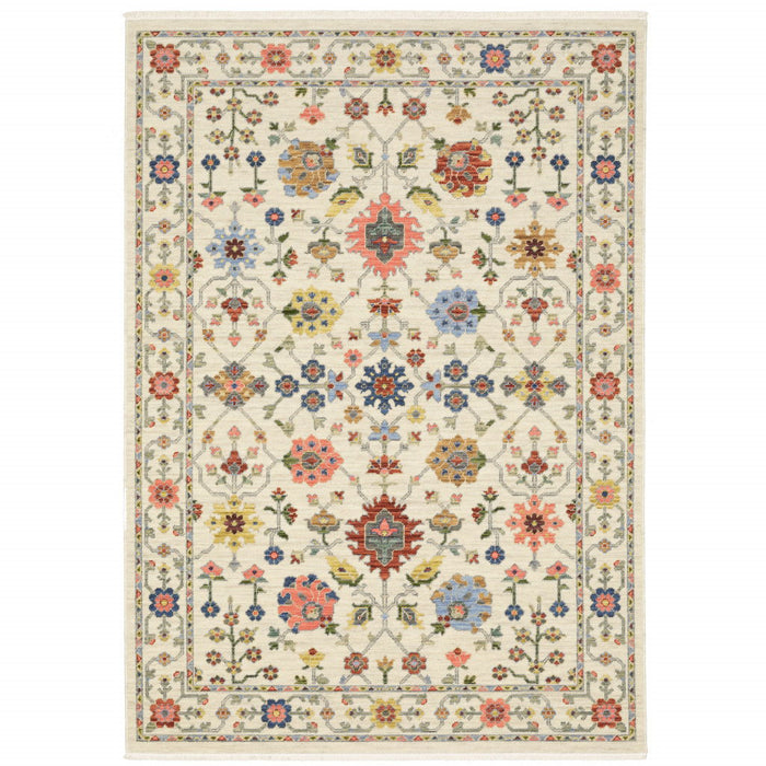 6' x 9' Oriental Power Loom Stain Resistant Area Rug With Fringe - Ivory Salmon Pink Gold Blues Gray Rust And Green