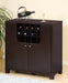 Giga red cocoa wine cabinet with two doors, removable wine bottle rack, metal wine glass racks, and four shelves.