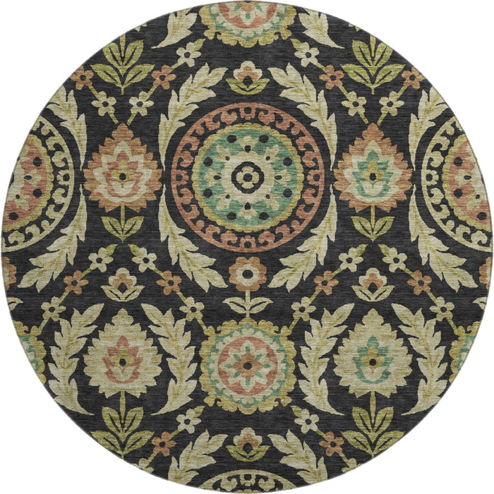 8' Copper Floral Washable Round Rug With UV Protection - Black