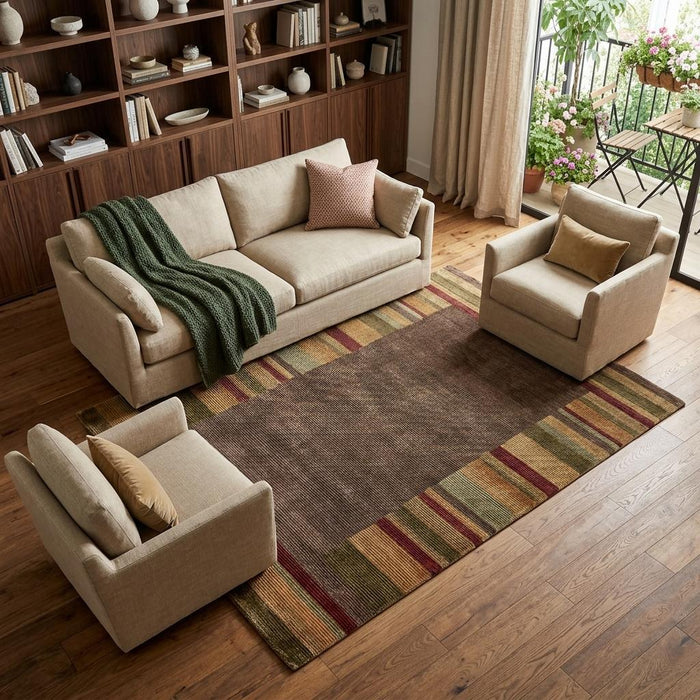9' X 12' Striped Hand Knotted Area Rug (744367) - Brown / Green / Red