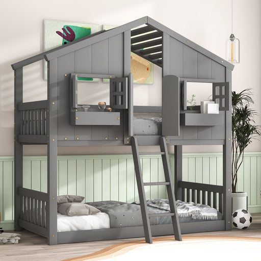 Giga house bunk bed with roof, window, window box, door, safety guardrails, and ladder for kids' bedroom decor.