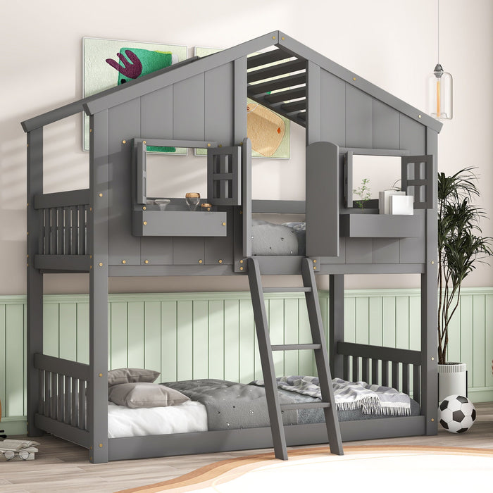 Giga house bunk bed with roof, window, window box, door, safety guardrails, and ladder for kids' bedroom decor.