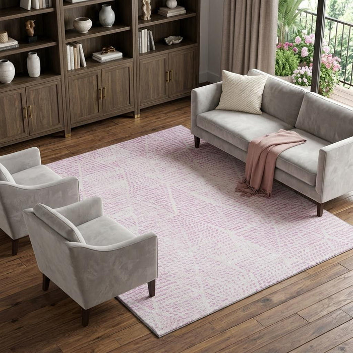 9' X 12' Diamond Washable Area Rug With UV Protection (650589) - Pink / Ivory