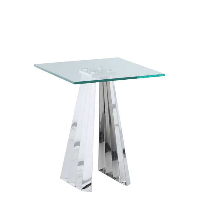 Contemporary 20-inch glass end table with clear glass top and flare pyramid stainless steel base by Chintaly.