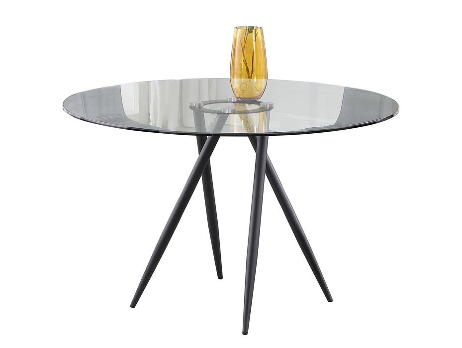 Chintaly BEATRIZ-BLK Round Glass Top Dining Table w/ Crisscross Four-legged Steel Base