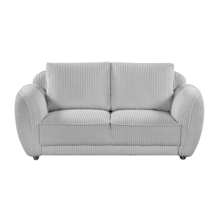 Chintaly Charleston modern gray fabric loveseat with channel tufting and oak gray wooden legs, stylish and comfortable seating.