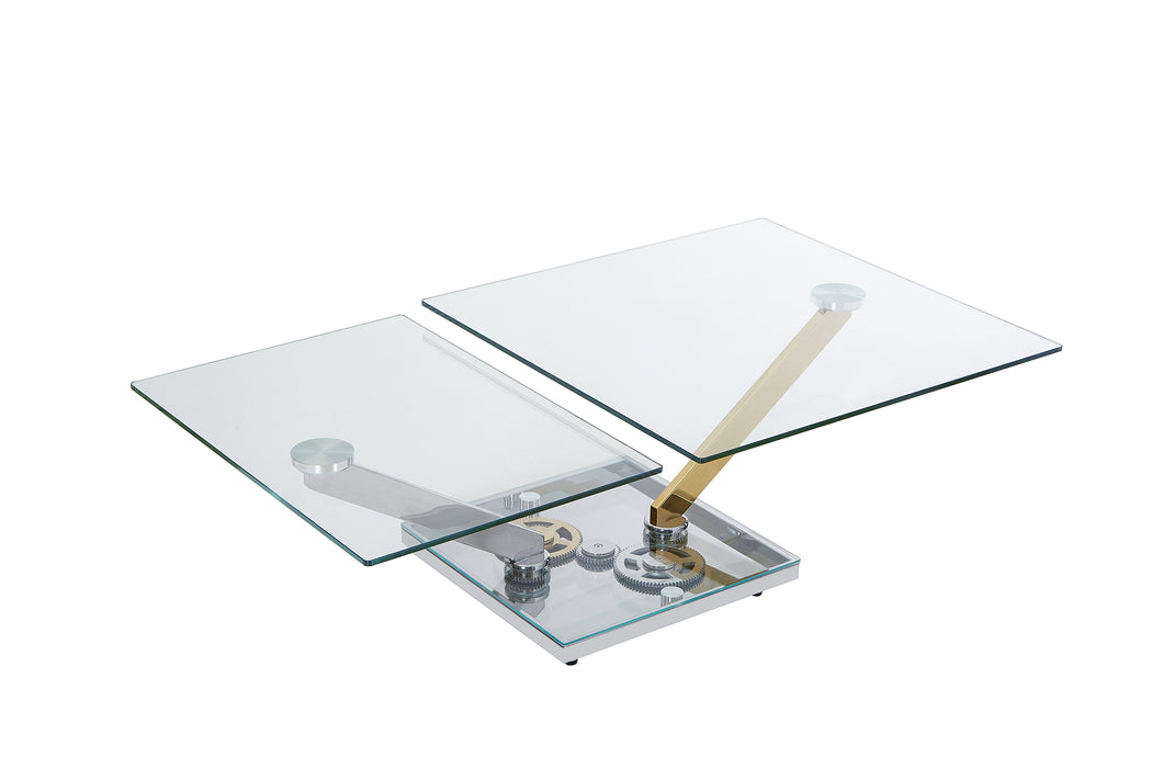 Contemporary Motion-Extendable Glass Top Cocktail Table | Clear Glass with Polished SS & Brass