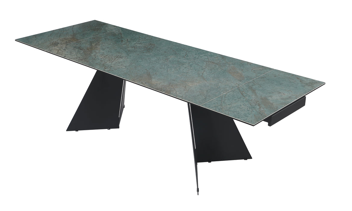 Contemporary extendable dining table with ceramic and glass top, matte black steel base, adjustable from 63 to 94 inches.