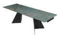 Contemporary extendable dining table with ceramic and glass top, matte black steel base, adjustable from 63 to 94 inches.