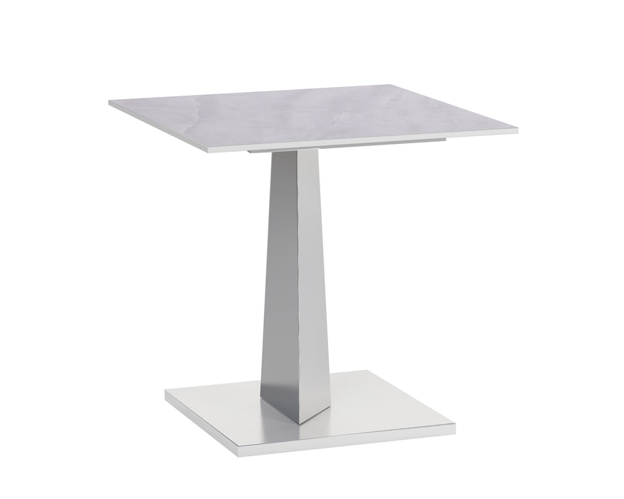 Contemporary JENNIFER end table by Chintaly with gloss white sintered stone top and polished steel base.
