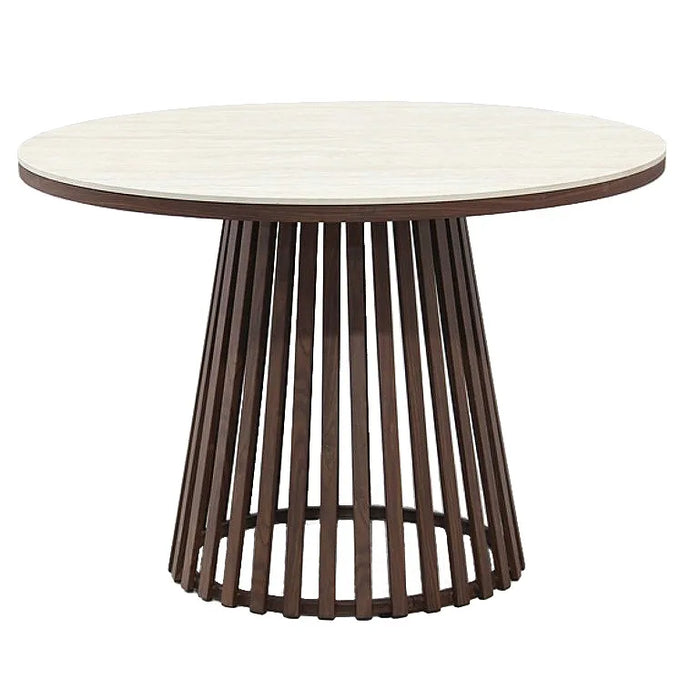Chintaly Aurora 5-piece round ceramic top dining set with steel pedestal base in matte beige and walnut finish.
