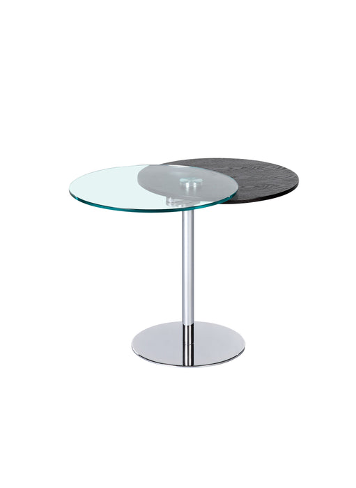 Contemporary dual motion round end table by Chintaly with glass and wood top and chrome base, modern living room decor.