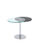 Contemporary dual motion round end table by Chintaly with glass and wood top and chrome base, modern living room decor.