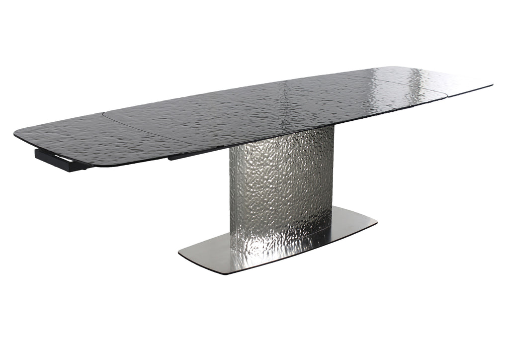 Contemporary extendable dining table by Chintaly with gloss black textured glass top and stainless steel base, ideal for modern dining rooms.
