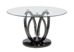Contemporary glass top dining table by Chintaly with a 51-inch round surface and triple ring steel base in graphite finish.