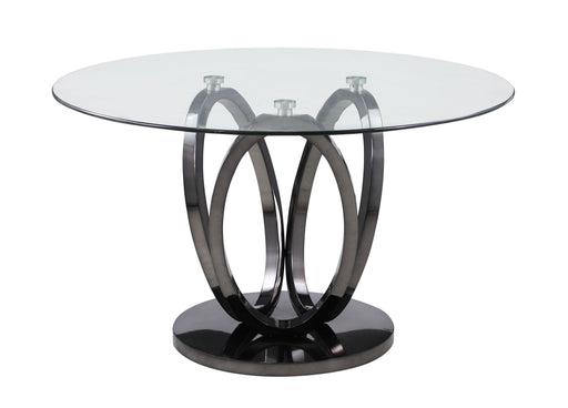 Contemporary glass top dining table by Chintaly with a 51-inch round surface and triple ring steel base in graphite finish.