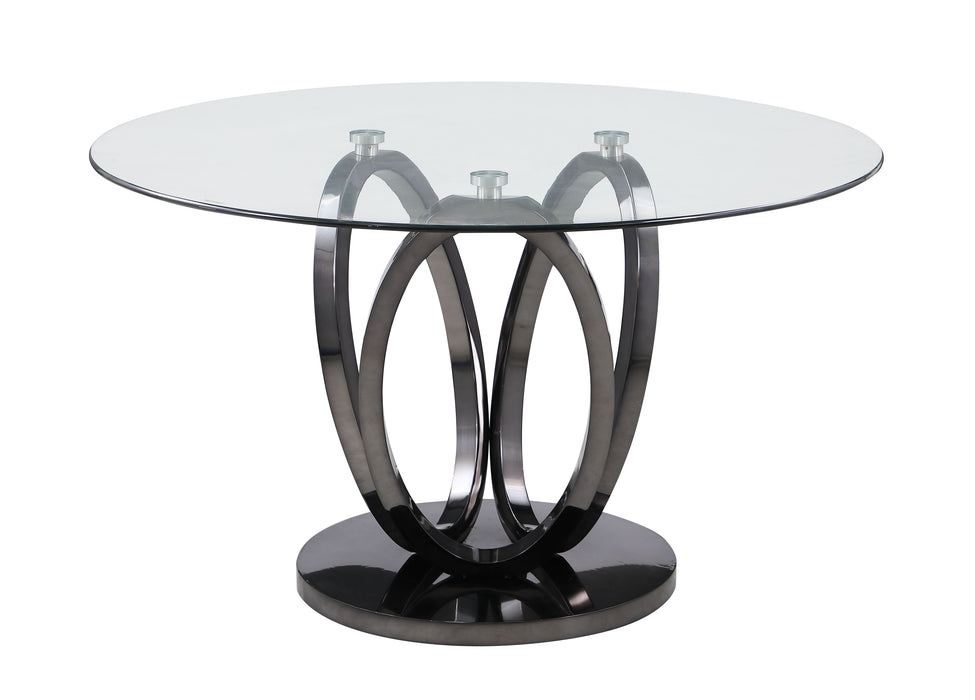 Contemporary glass top dining table by Chintaly with a 51-inch round surface and triple ring steel base in graphite finish.