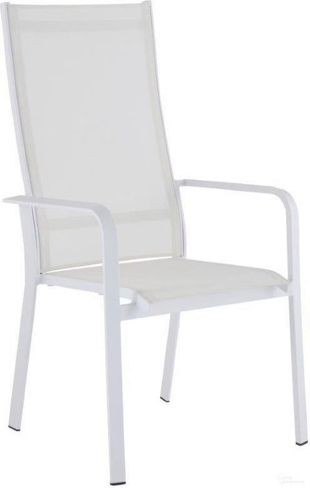 Set of two Chintaly Malibu contemporary outdoor chairs with white mesh sling seats and aluminum frames for patio or garden use.