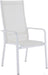 Set of two Chintaly Malibu contemporary outdoor chairs with white mesh sling seats and aluminum frames for patio or garden use.