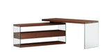 Reversible walnut wooden desk with glass panels, drawers, and shelves by Chintaly, showcasing its rotatable design and modern office style.