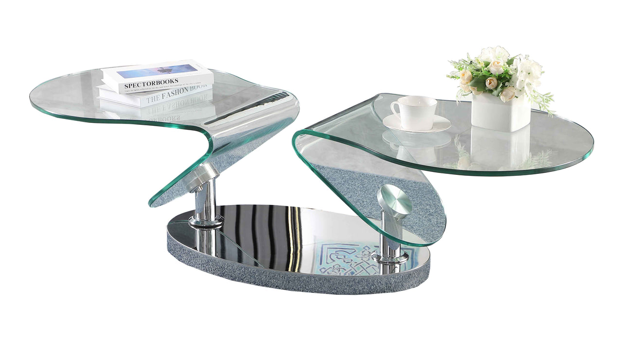 Contemporary motion glass top coffee table with stainless steel base by Chintaly, showcasing sleek design and modern style.