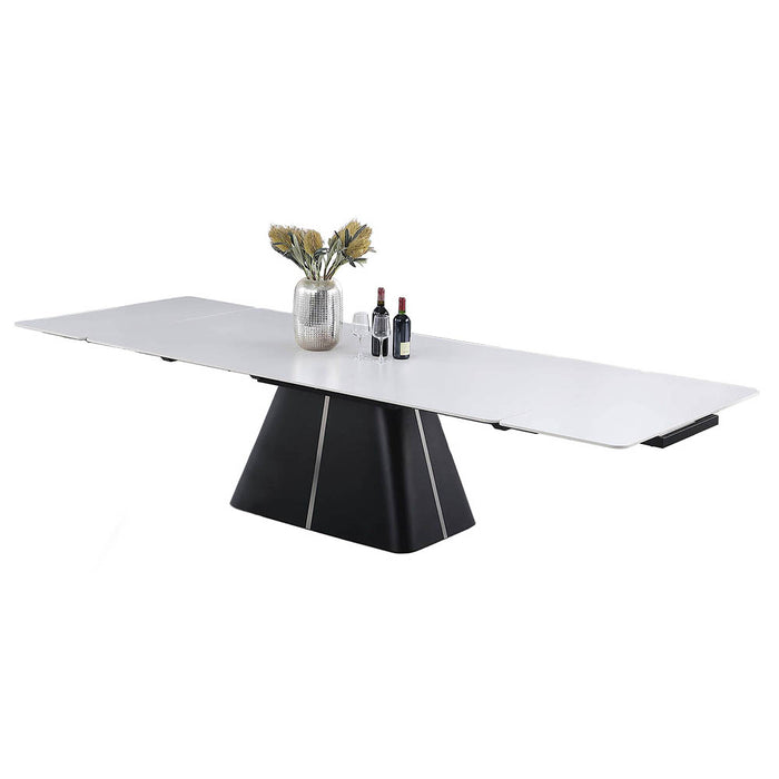 MABEL Contemporary Extendable Dining Table | Matte White Ceramic Top with Matte Black & Stainless Steel Base