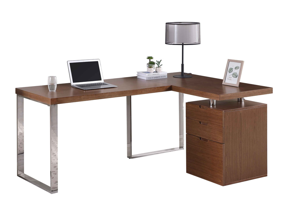 Reversible wooden home office desk with walnut veneer, 3-drawer cabinet, polished stainless steel legs, by Chintaly.