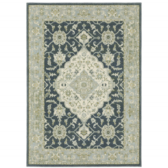 10' x 13' Oriental Power Loom Stain Resistant Area Rug - Teal Blue Ivory Green And Gray