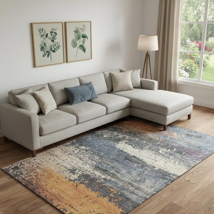 10' X 14' Abstract Washable Area Rug With UV Protection (701069) - Blue / Orange / Ivory