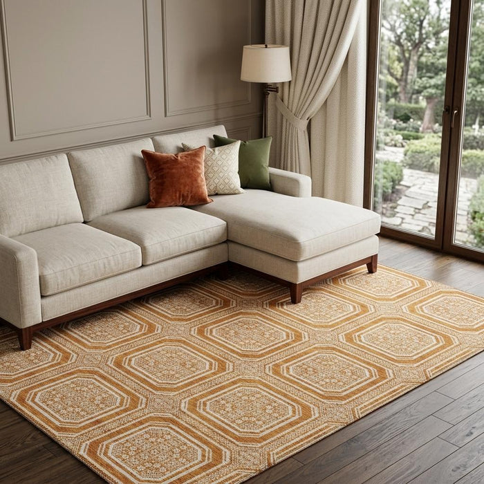 10' X 14' Geometric Washable Area Rug With UV Protection (693846) - Terra Cotta / Ivory