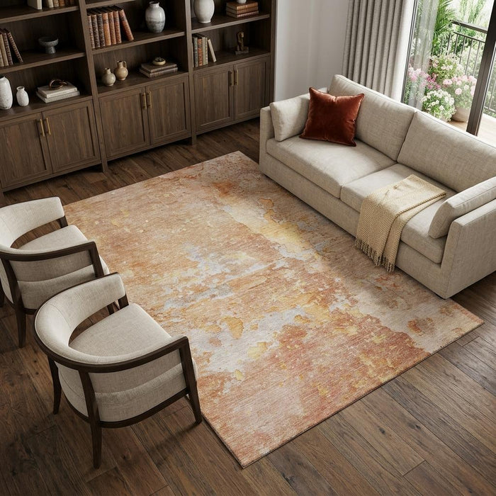 10' X 14' Abstract Washable Area Rug With UV Protection (692208) - Salmon / Ivory / Gold