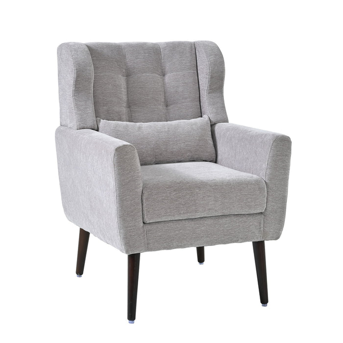 Giga modern accent armchair with soft upholstery, wooden legs, and pillow, ideal for living room or bedroom seating in small spaces.