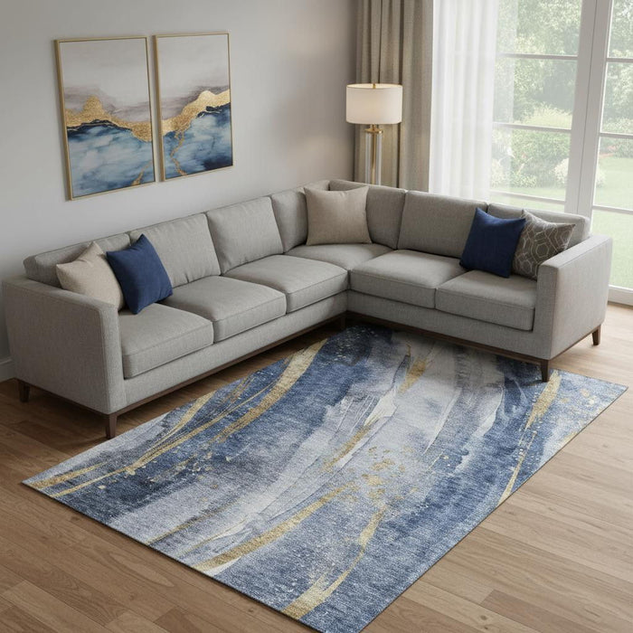 10' X 14' Abstract Washable Area Rug With UV Protection (696800) - Blue / Gold / Ivory