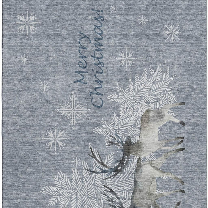 9' X 12' Christmas Deer Washable Area Rug With UV Protection (646414) - Blue / Gray / Ivory