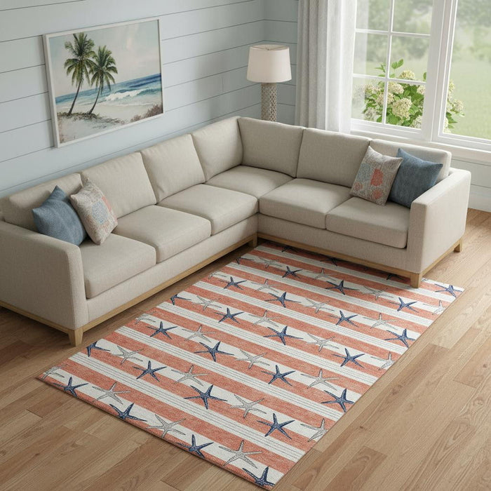10' X 14' Geometric Washable Area Rug With UV Protection (646139) - Coral / Ivory / Navy Blue