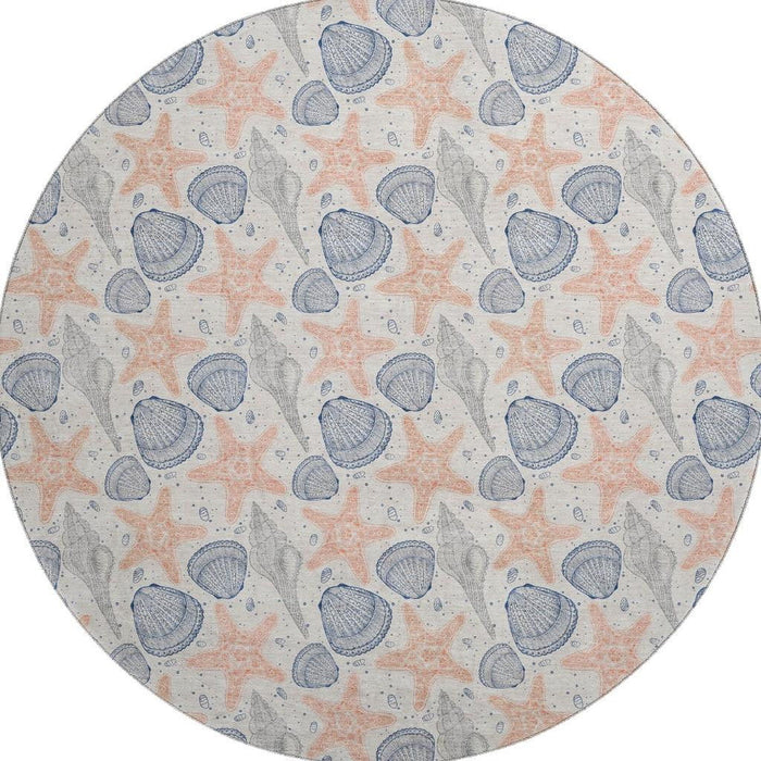 8' Geometric Washable Round Rug With UV Protection (645765) - Peach / Ivory / Navy Blue