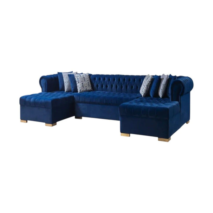 Velvet U Shaped Three Piece Sofa Chaise Sectional With Toss Pillows - Blue